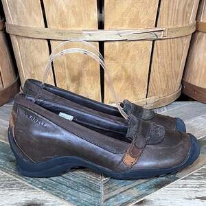 Merrell Eden Moc Multi Brown Leather Suede Slip-On Heeled Loafers Women Size 6.5